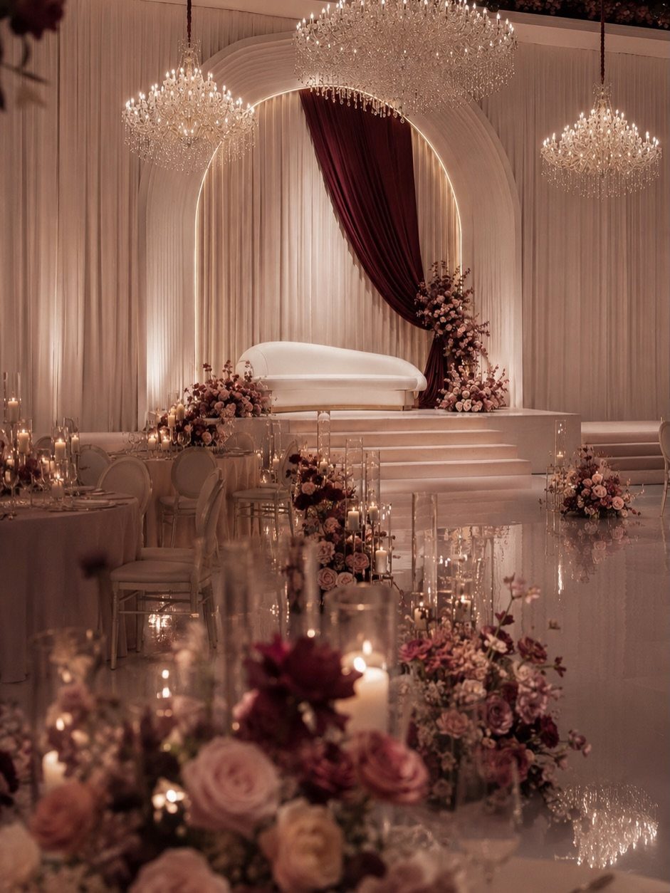 10 Burgundy Wedding Theme Ideas for Tables, Cakes and Attire 7 Burgundy drapery hanging within a large white archway in a decorated wedding venue.