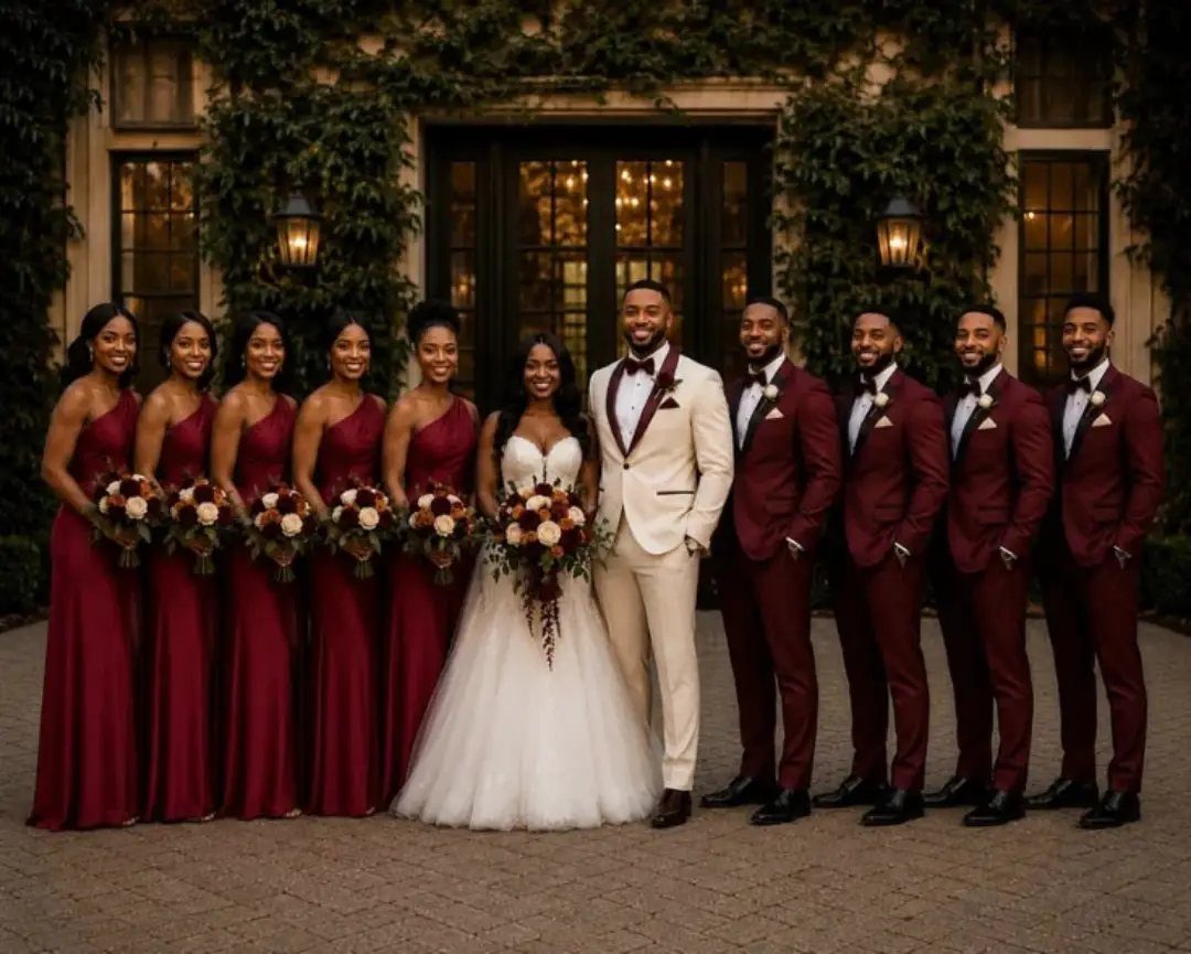 10 Burgundy Wedding Theme Ideas for Tables, Cakes and Attire 10 A wedding party in burgundy attire posing with a bride in a white gown.