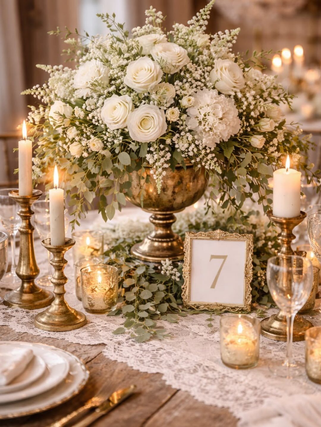 White roses and baby's breath in a gold vase on a lace wedding table.