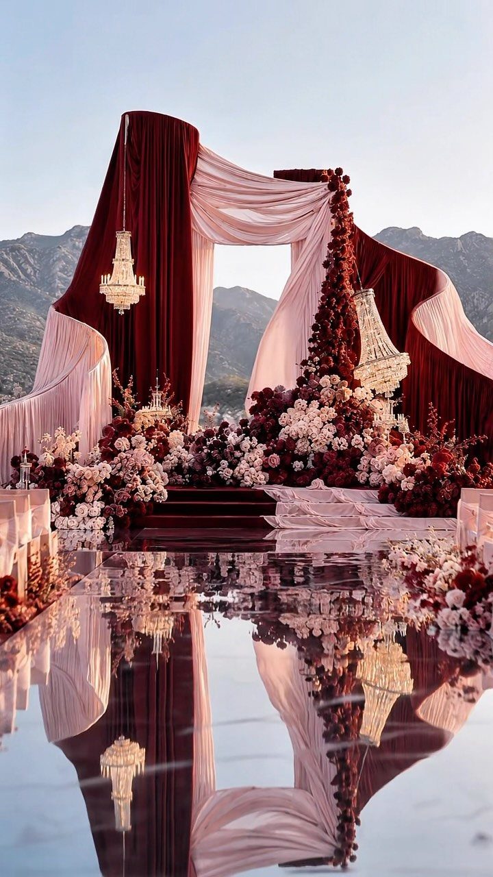 Burgundy velvet drapes and champagne fabrics decorated with burgundy and cream rose arrangements under crystal chandeliers.
