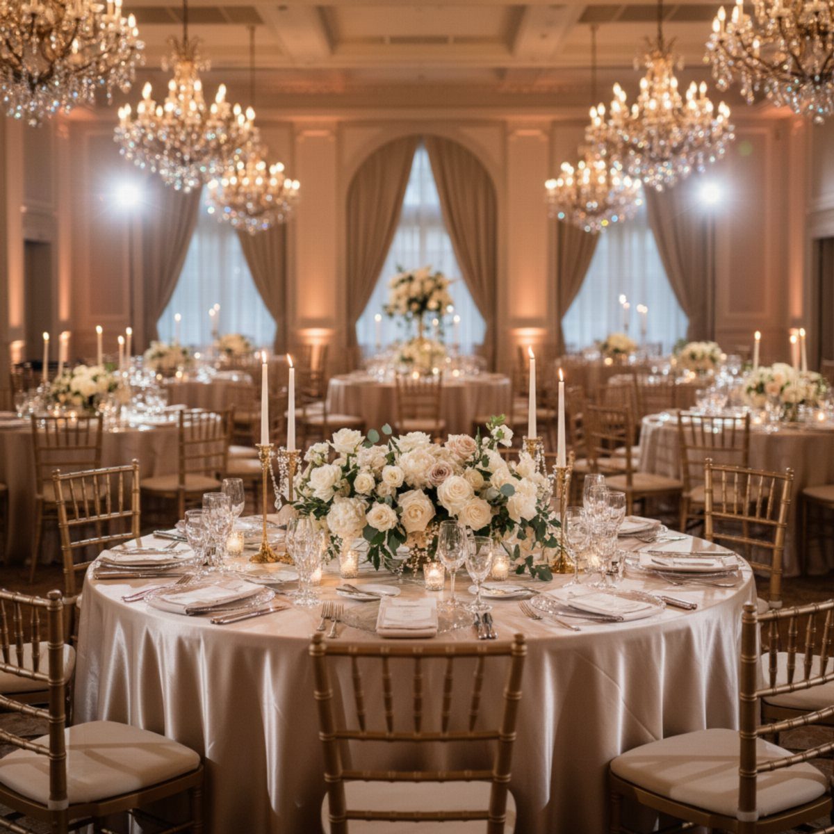 Champagne satin tablecloths decorated with cream floral centerpieces and white taper candles in a ballroom.