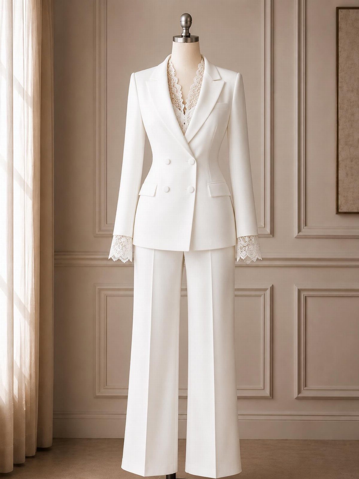 White double-breasted blazer and wide-leg trousers displayed on a mannequin against a paneled wall.