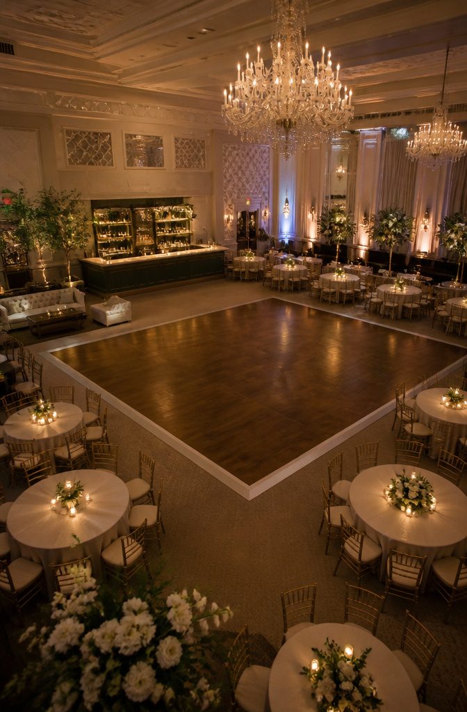 Wedding Dance Floors: Vinyl, Checkerboard, LED, and Monogram Styles 9 A dance floor positioned at the center of a wedding reception.