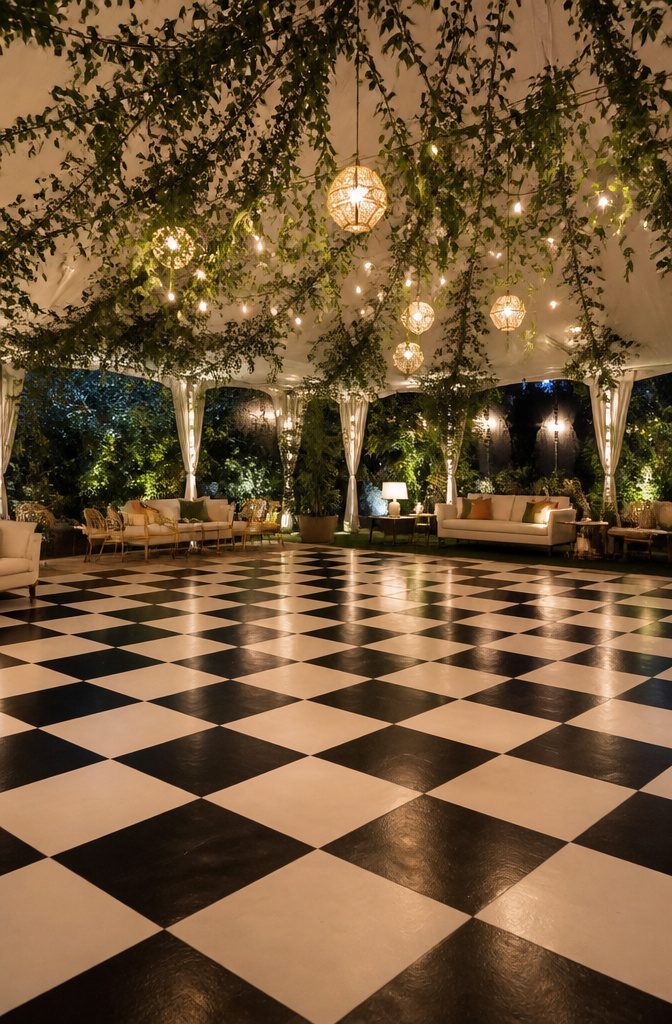 Wedding Dance Floors: Vinyl, Checkerboard, LED, and Monogram Styles 2 A bold black-and-white checkerboard dance floor in a wedding setting.