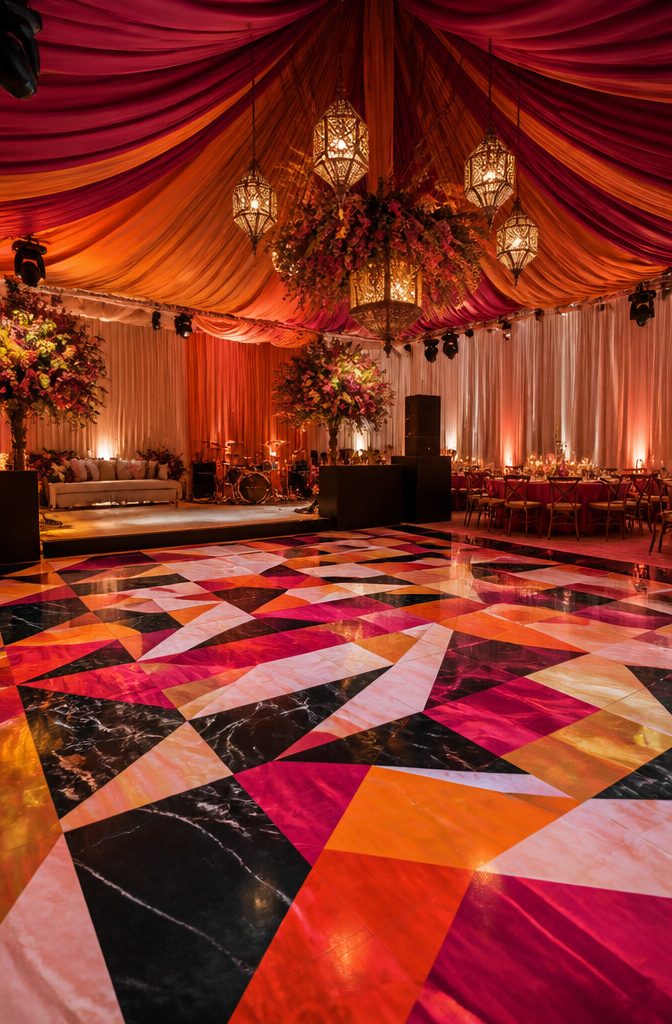 Wedding Dance Floors: Vinyl, Checkerboard, LED, and Monogram Styles 3 A dance floor with a vibrant geometric pattern matching wedding florals.