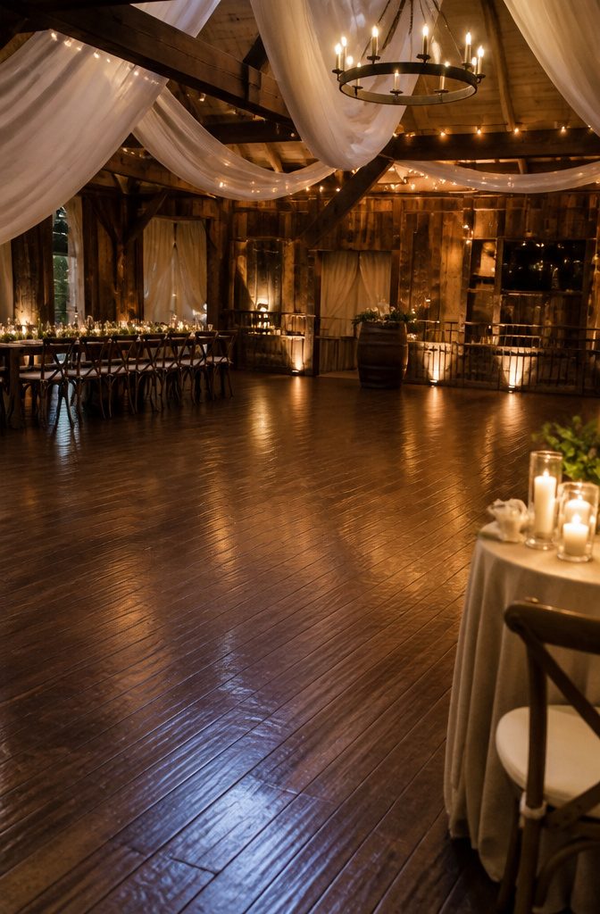 Wedding Dance Floors: Vinyl, Checkerboard, LED, and Monogram Styles 4 A dark walnut wooden dance floor illuminated by candlelight.