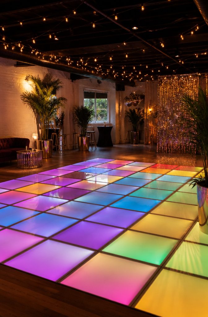 Wedding Dance Floors: Vinyl, Checkerboard, LED, and Monogram Styles 6 An array of LED dance floor tiles displaying various colors.