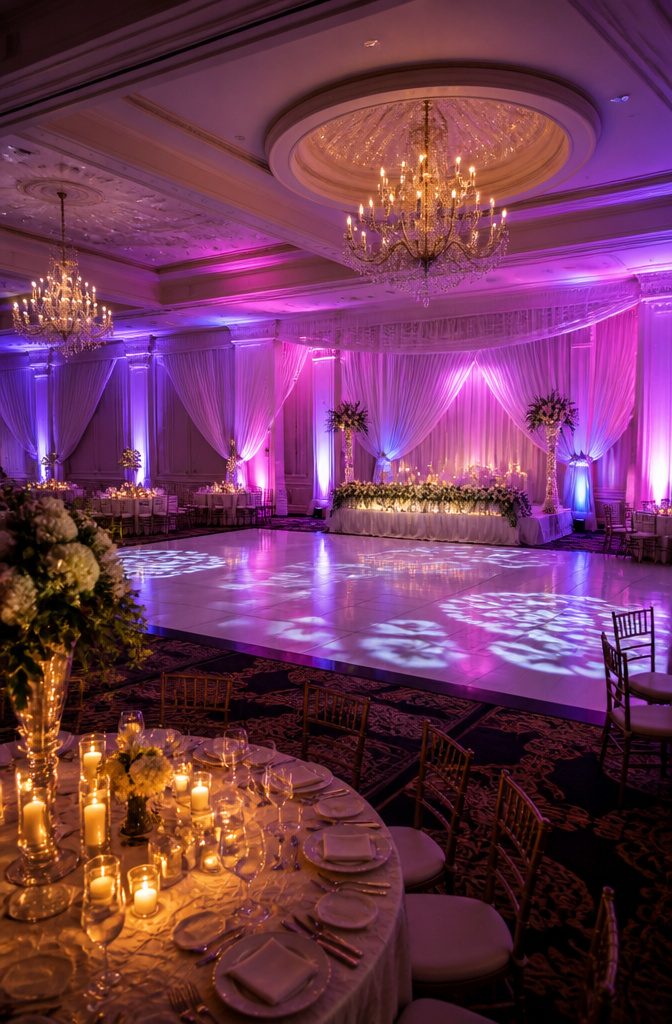 Wedding Dance Floors: Vinyl, Checkerboard, LED, and Monogram Styles 8 Uplighting and chandeliers illuminating a wedding dance floor.