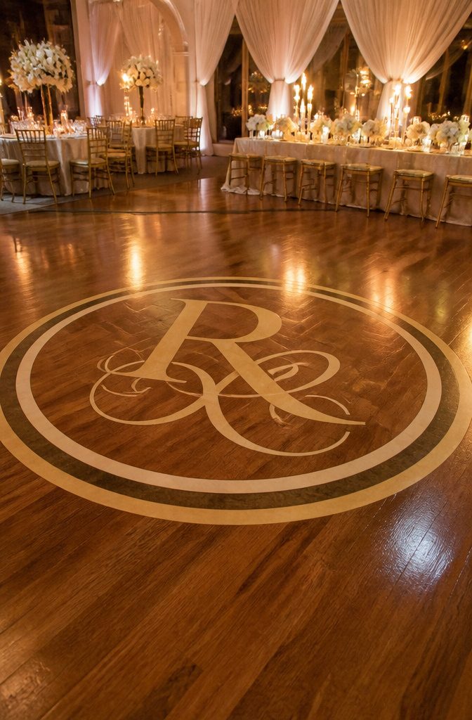 Wedding Dance Floors: Vinyl, Checkerboard, LED, and Monogram Styles 5 A dance floor displaying a couple's monogram in a decorative style.