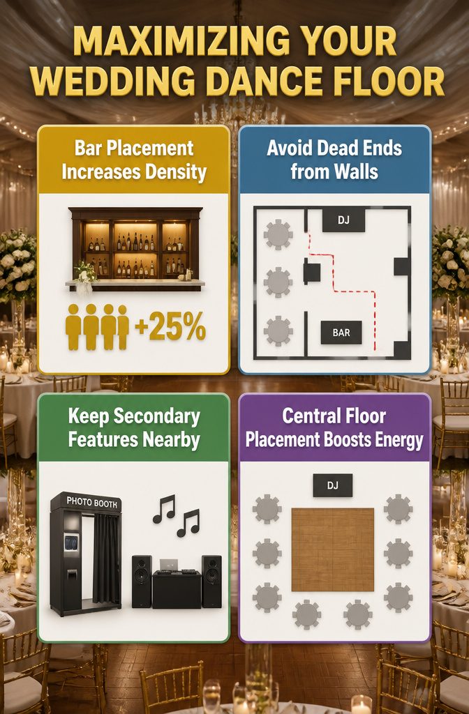 Wedding Dance Floors: Vinyl, Checkerboard, LED, and Monogram Styles 10 A wedding reception layout showing bar and dance floor proximity.
