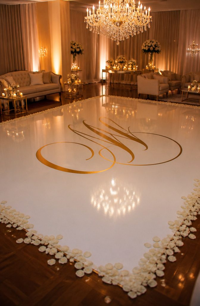 Wedding Dance Floors: Vinyl, Checkerboard, LED, and Monogram Styles 1 A white vinyl wrapped dance floor with gold custom monograms.