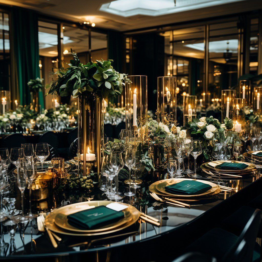 Dark Green Wedding: 13 Ideas for a Forest Reception 1 Dark green napkins on gold chargers set on a formal wedding table with greenery and candles.
