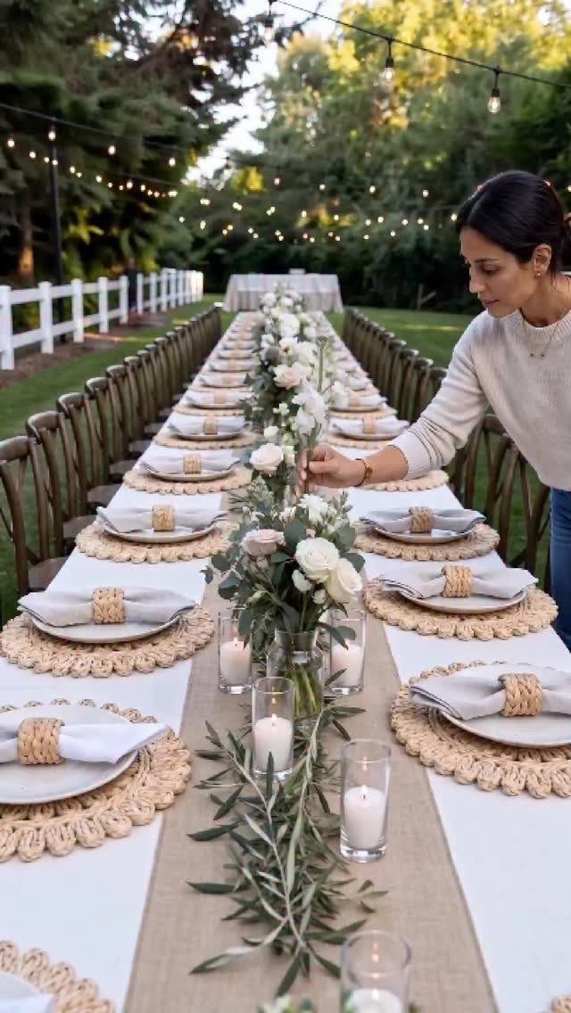 A woman arranging a long table centerpiece with white flowers and olive branches outdoors.