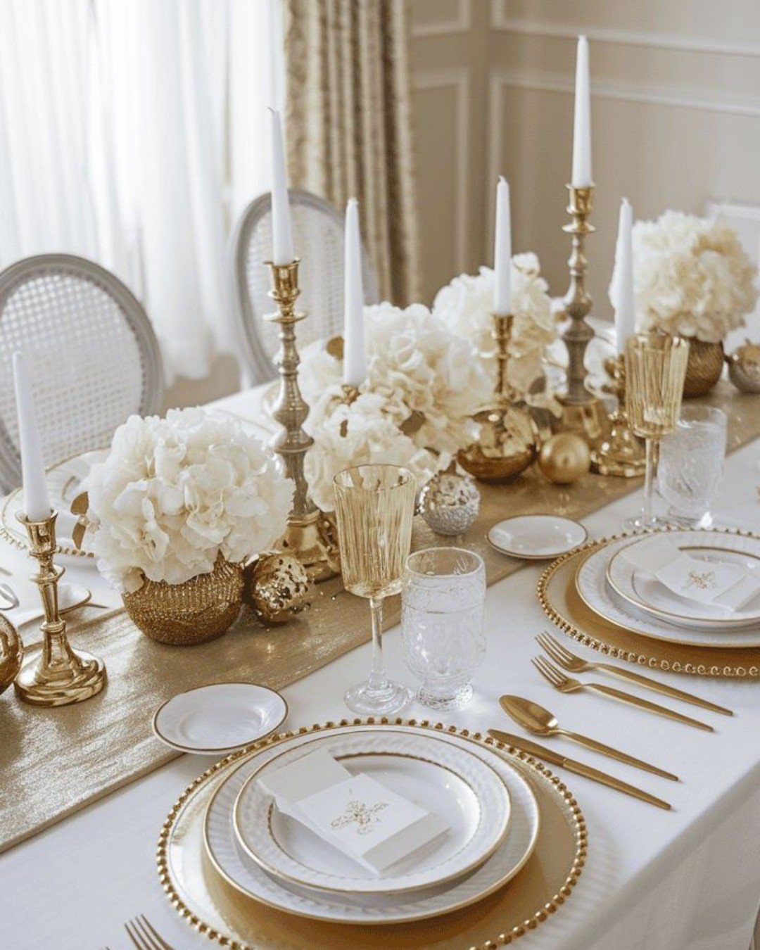 Elegant table setting with gold cutlery, gold chargers, white flowers, and white taper candles in gold holders.