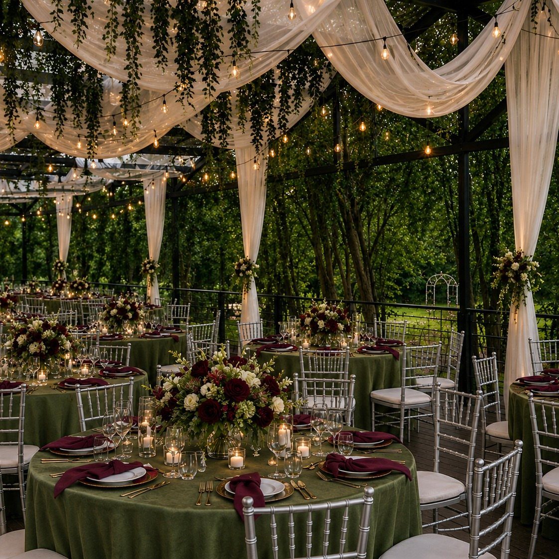 Enchanted Forest Wedding Theme: 10 Ideas for a Natural Setting 1 Wedding tables with green linens and floral centerpieces under draped white fabric and hanging greenery.