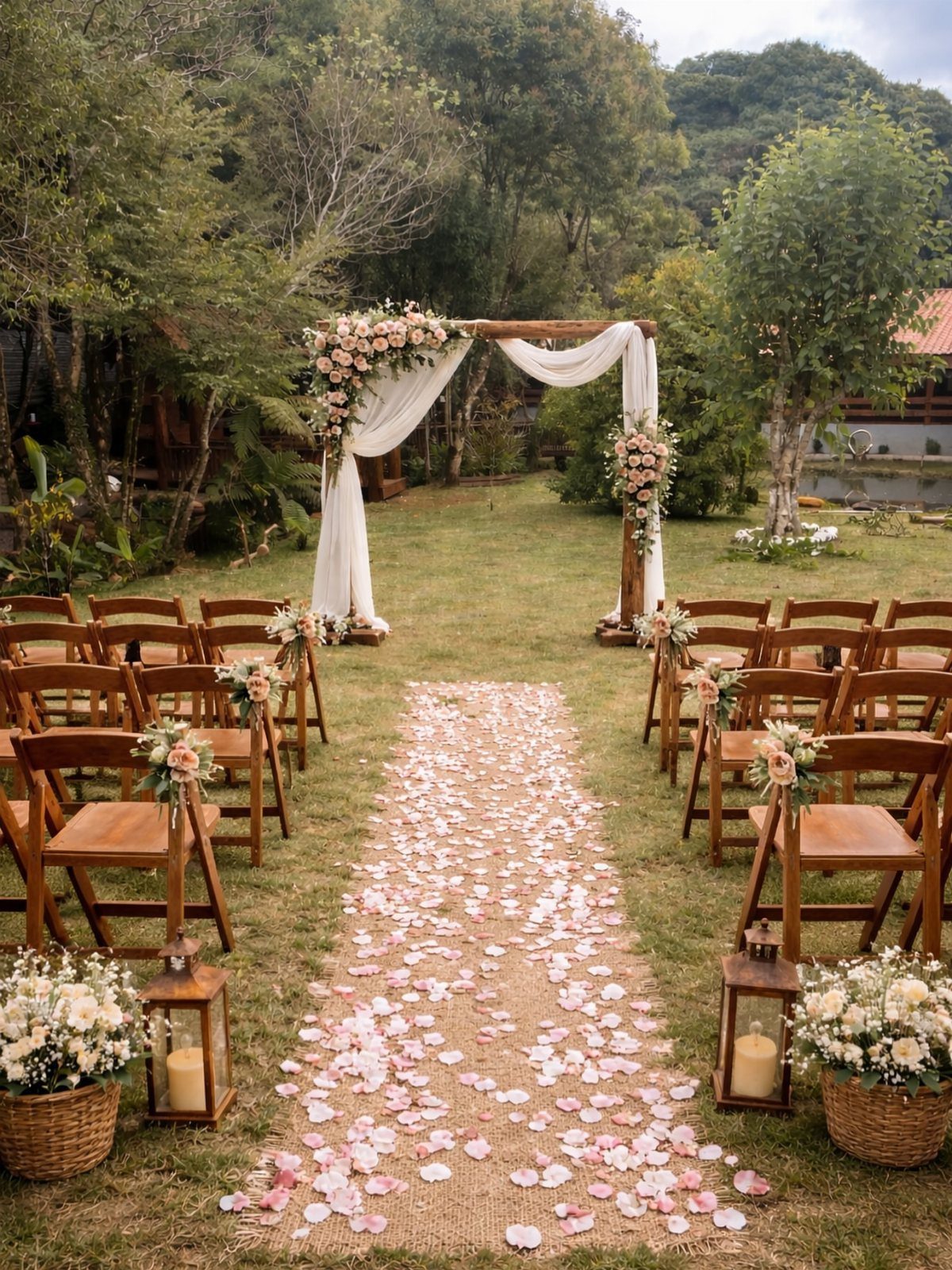 Enchanted Forest Wedding Theme: 10 Ideas for a Natural Setting 9 Wedding ceremony setup with a floral wooden arch, burlap aisle, and pink petals on grass.