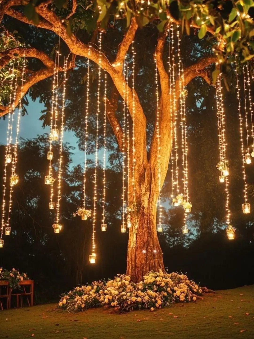 Enchanted Forest Wedding Theme: 10 Ideas for a Natural Setting 2 A large tree decorated with hanging fairy lights and small candles at dusk with flowers at the base.