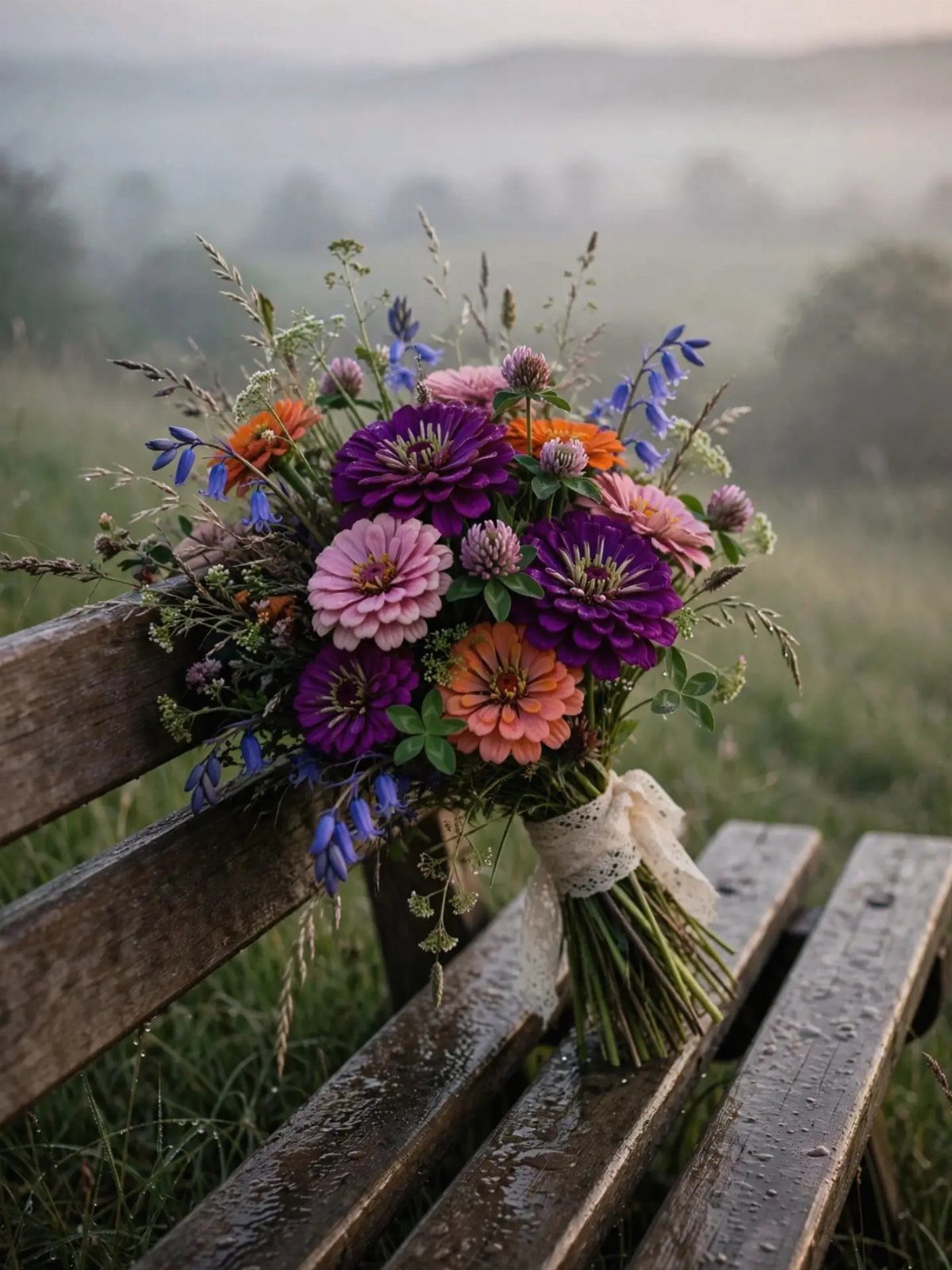 Enchanted Forest Wedding Theme: 10 Ideas for a Natural Setting 5 Wildflower bouquet with purple and orange zinnias resting on a rustic wooden bench in a misty field.