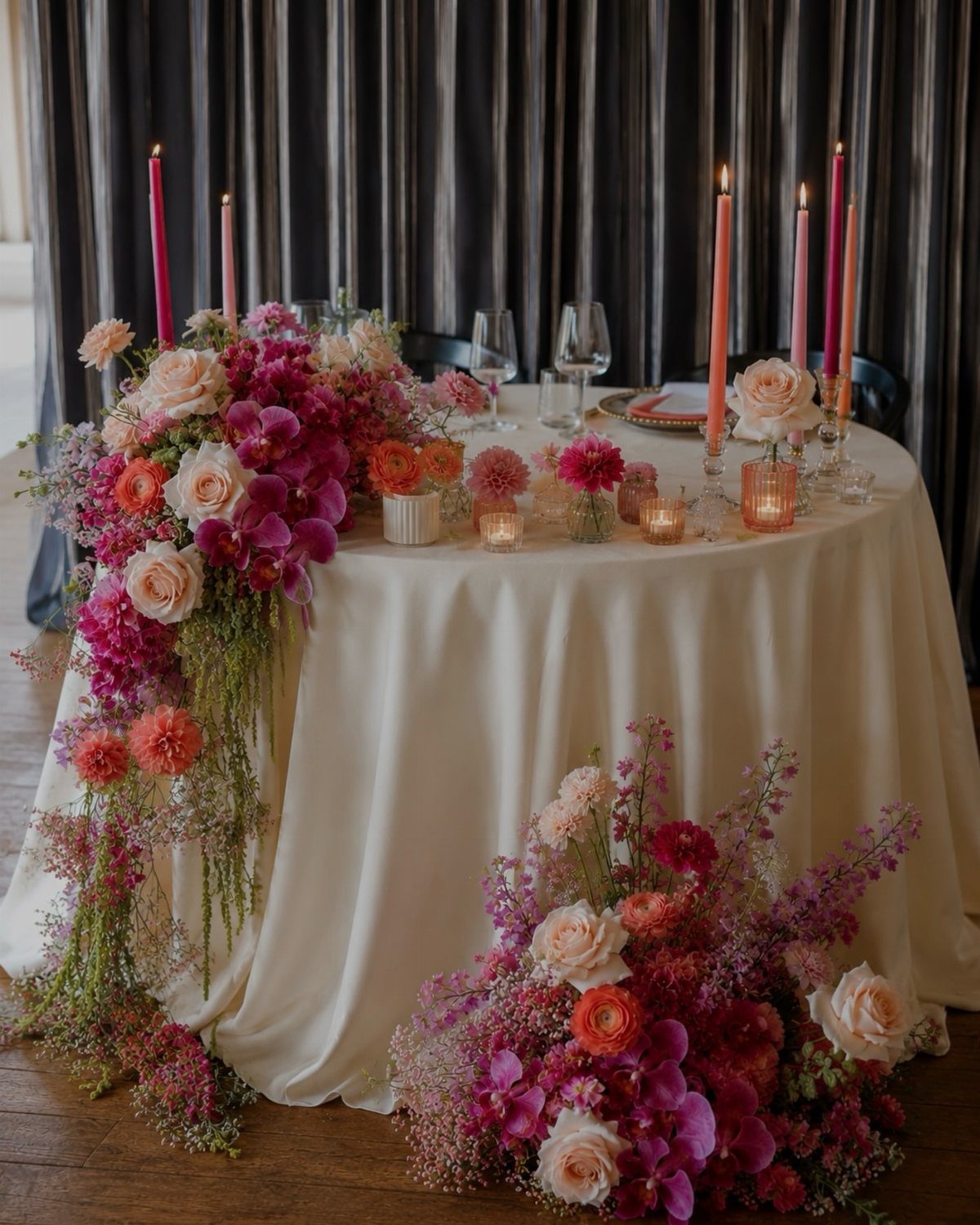 A round wedding table decorated with colorful floral arrangements and various lit taper and votive candles.