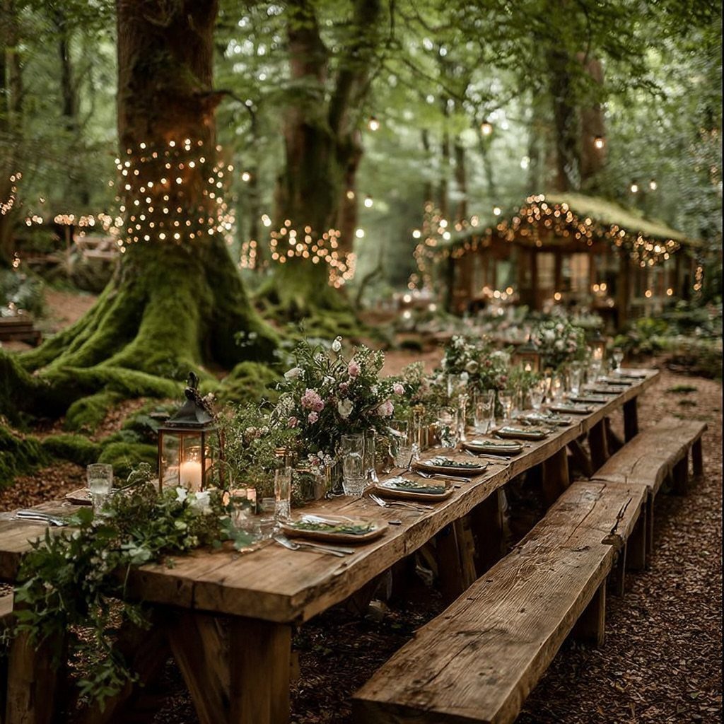 Long rustic wooden tables and benches set with flowers and candles in a forest.