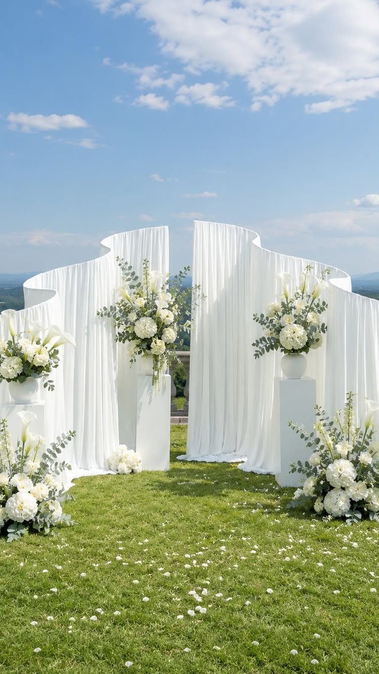 White wavy fabric ceremony backdrop decorated with large white floral arrangements on a green lawn.