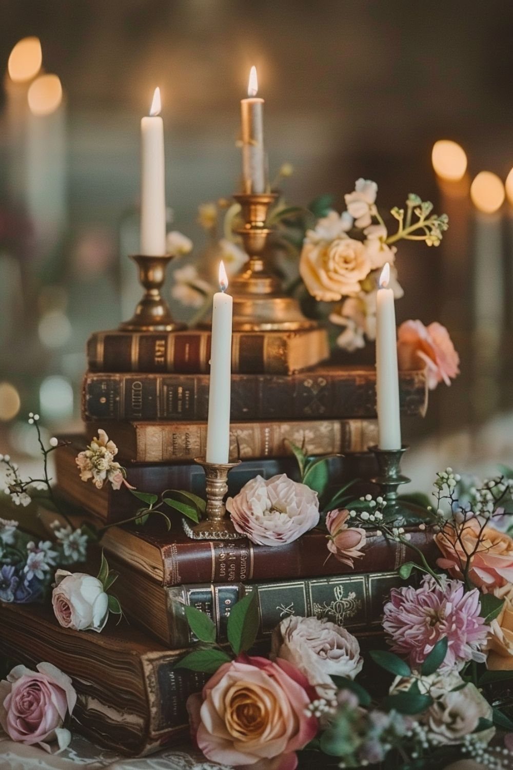 Vintage leather books stacked with lit candles and soft pink roses in a romantic setting.