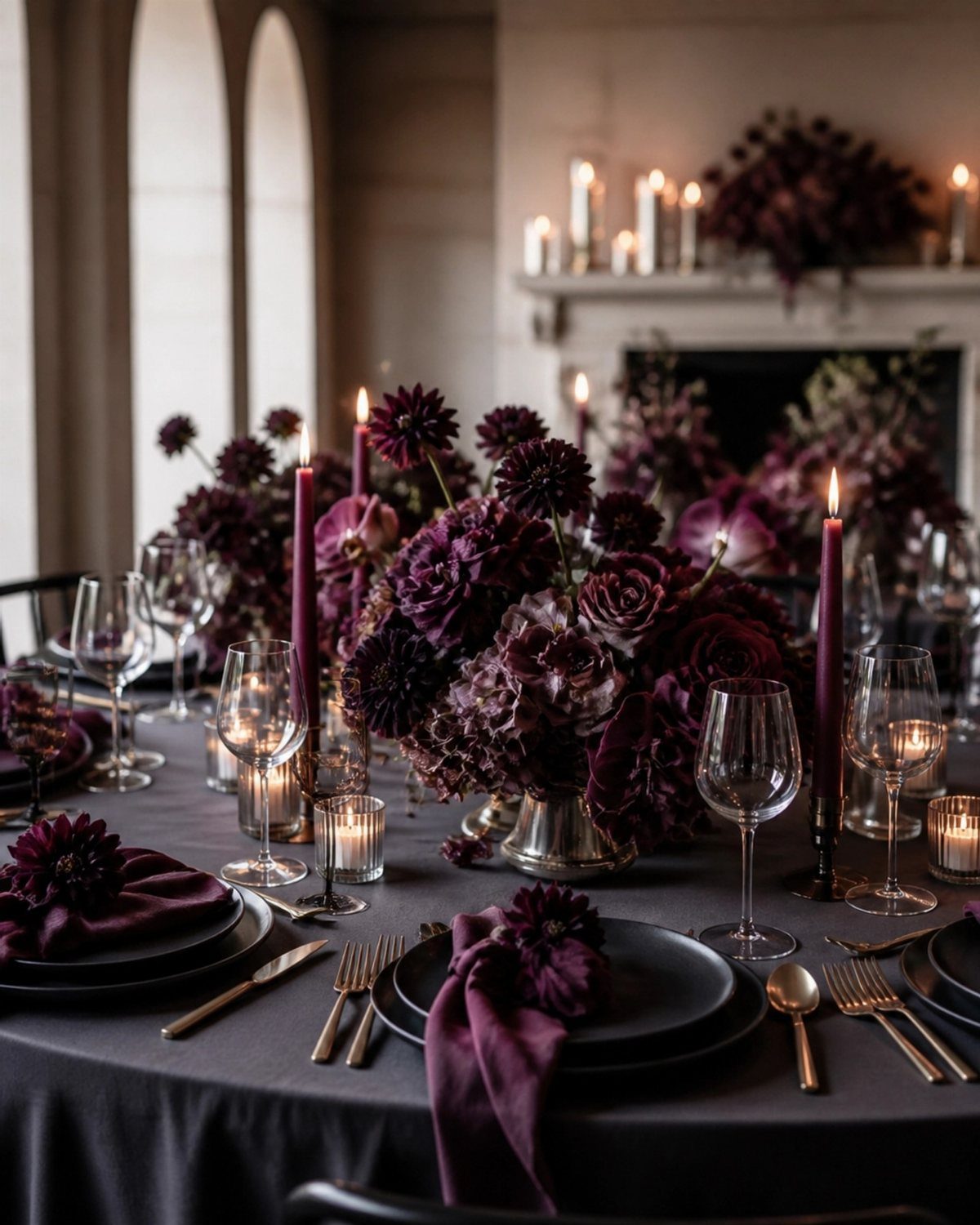 Fall Wedding Color Palette: 10 Ideas Photographed on Real Tables 9 Plum purple flowers and candles arranged on a dark grey wedding table setting.