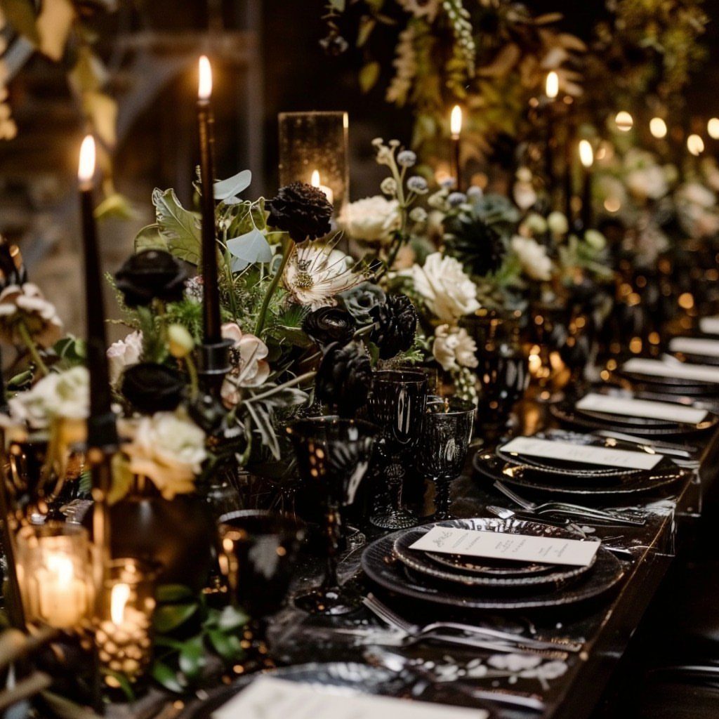 Fall Wedding Color Palette: 10 Ideas Photographed on Real Tables 6 Elegant dinner table setting featuring black plates, dark floral arrangements, and tall black candles.
