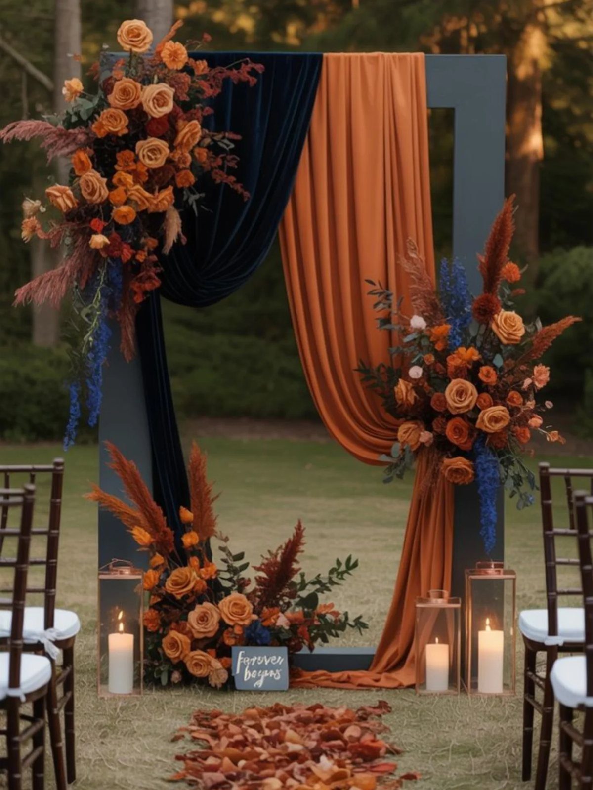Fall Wedding Color Palette: 10 Ideas Photographed on Real Tables 4 Wedding arch with navy blue and terracotta drapes, orange floral arrangements, and glowing candles on grass.