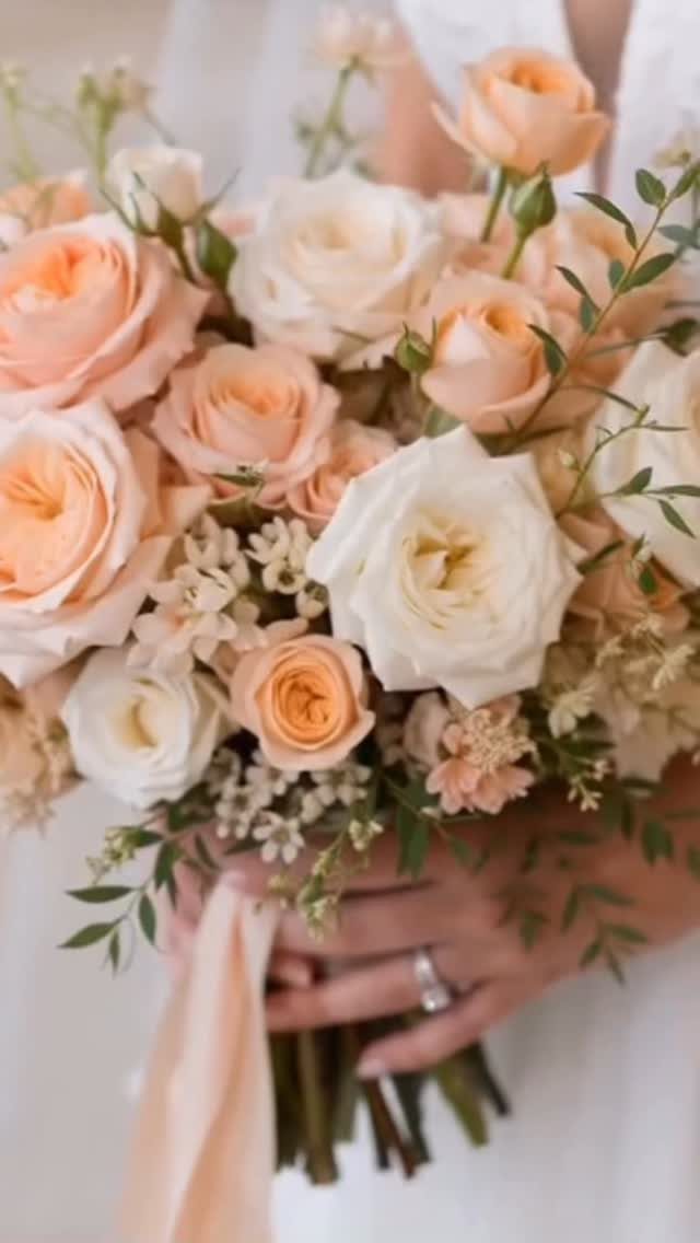 Fall Wedding Color Palette: 10 Ideas Photographed on Real Tables 8 Peach and cream roses with green foliage held in a bridal bouquet.