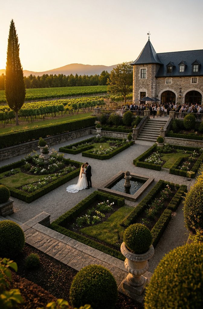 Fantasy Wedding Venues That Feel Like Another World 9 Manicured garden terraces at Chateau Lill winery.