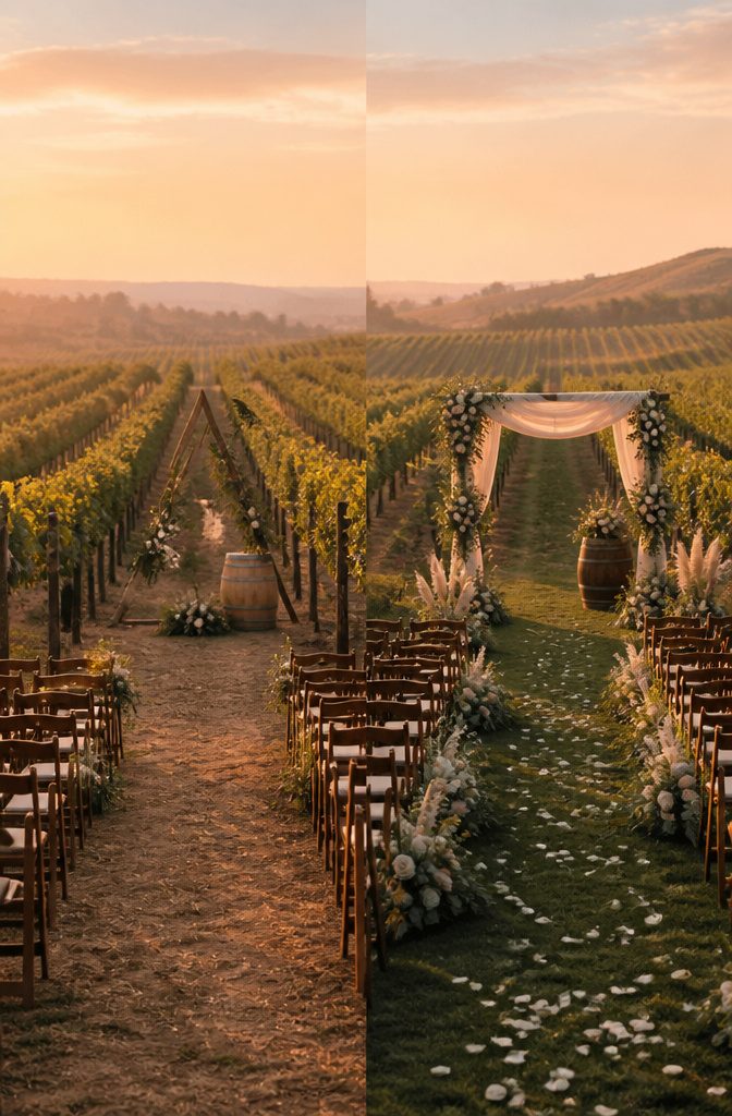 Fantasy Wedding Venues That Feel Like Another World 13 Vineyard rows creating a ceremony aisle with sunset backdrop.