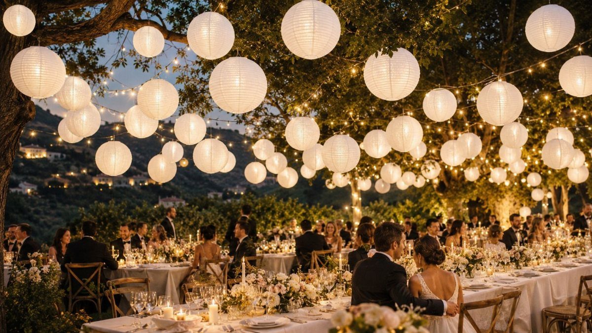 Cream paper lanterns hanging from trees over an outdoor wedding reception dinner table at dusk.
