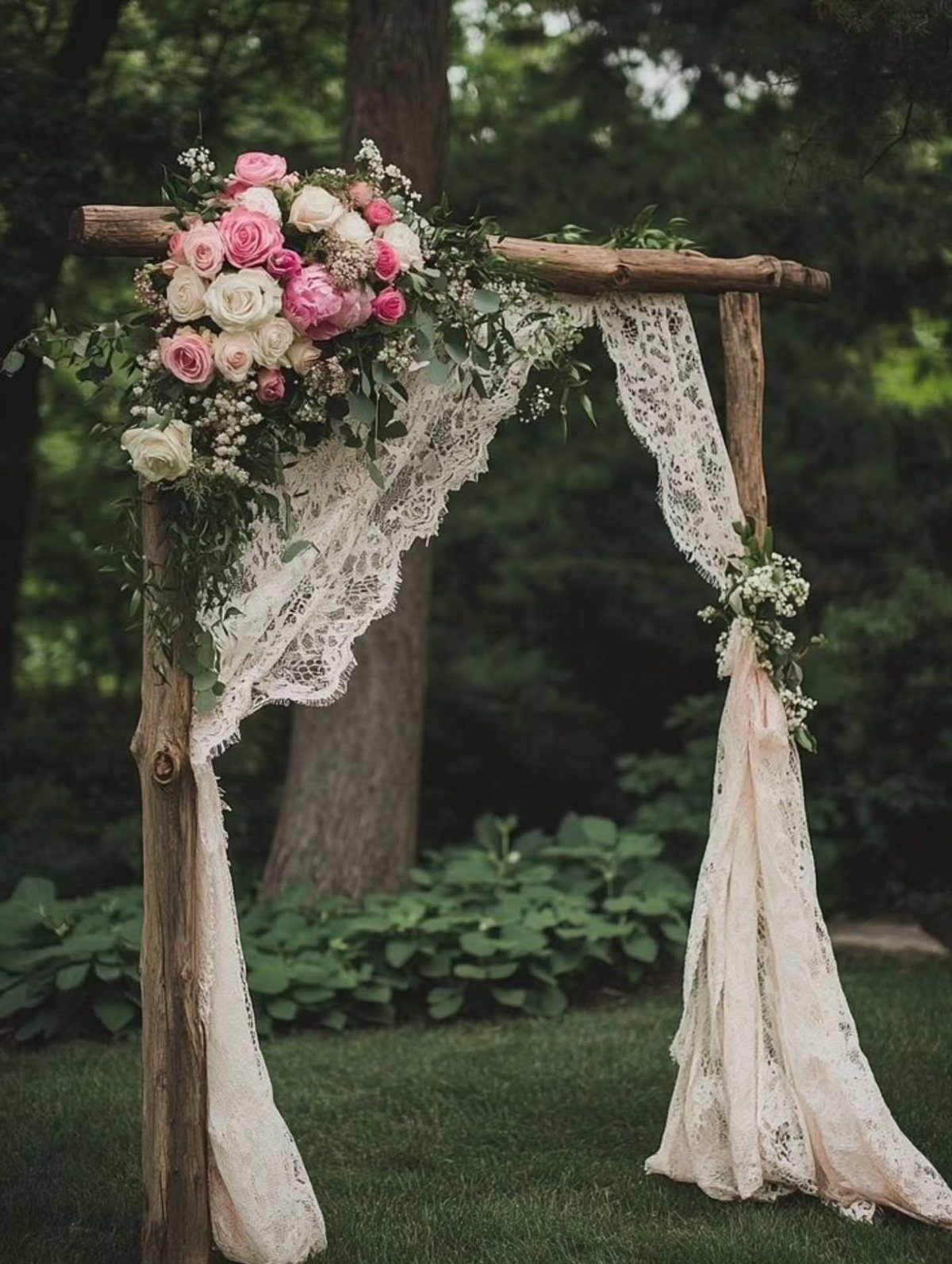 Rustic wooden arch decorated with pink roses and draped with cream vintage lace in a garden.