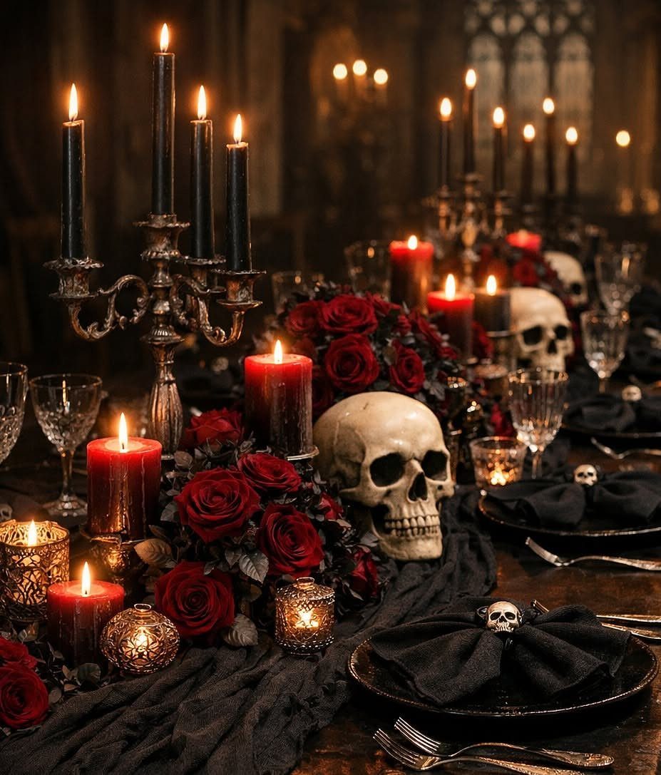 Gothic Wedding Theme: 11 Dark & Elegant Ideas 6 Skulls, red roses, and black candles decorate a dark, gothic-themed banquet table setting.