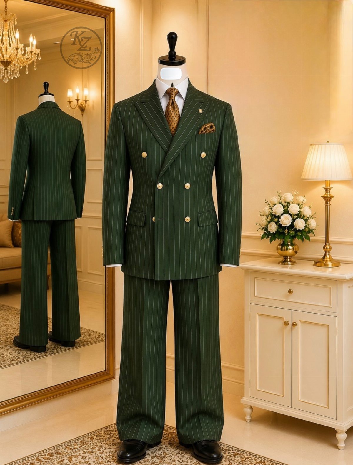 Green Wedding Suit: 8 Looks for Grooms and Guests 5 Emerald green pinstriped double-breasted suit on a mannequin in a brightly lit room.