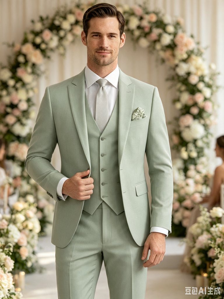 Green Wedding Suit: 8 Looks for Grooms and Guests 8 A man posing in a sage green three-piece suit with a matching waistcoat and white tie.