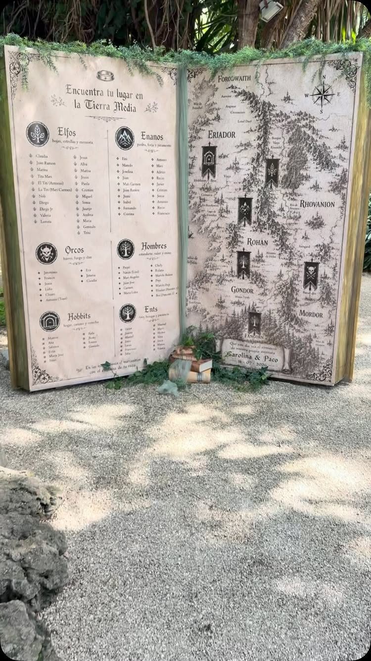 Hobbit Themed Wedding: 20 Ideas for Your Shire Celebration 8 A large open book prop displaying a Middle-earth map and a themed seating chart.