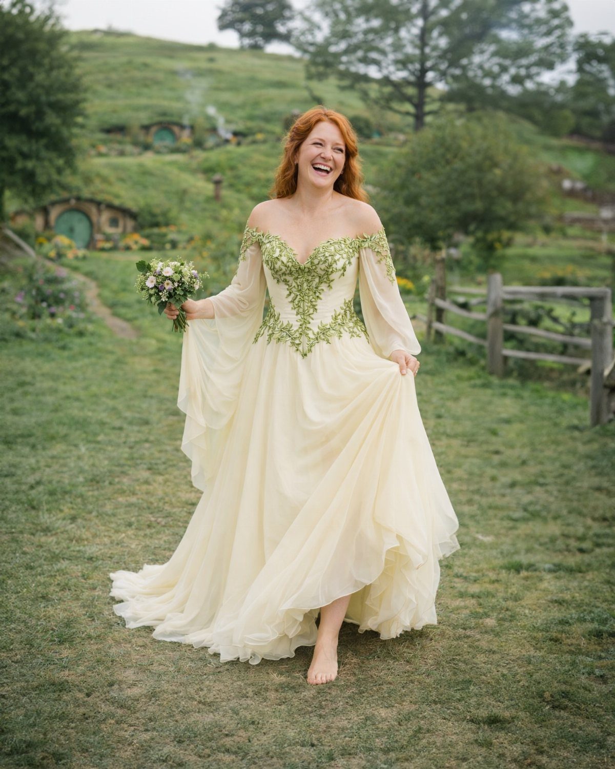 Hobbit Themed Wedding: 20 Ideas for Your Shire Celebration 1 A woman in a cream gown with green floral embroidery walks through a grassy field.