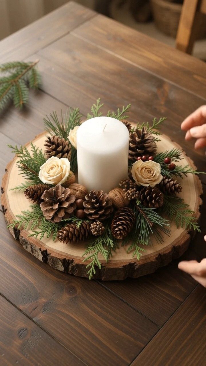 Lord of the Rings Centerpieces: 7 Tabletop Ideas for Your Event 4 A white pillar candle surrounded by pinecones and roses on a rustic wood slice base.