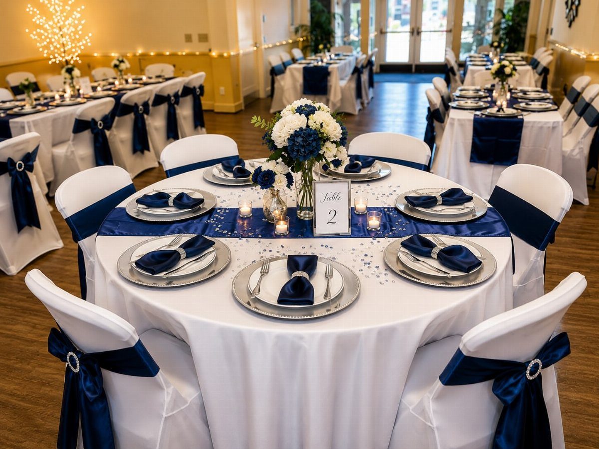 16 Navy Blue Wedding Theme Ideas for Every Part of Your Day 5 A decorated wedding table featuring navy blue accents, silver chargers, and white and blue floral centerpieces.