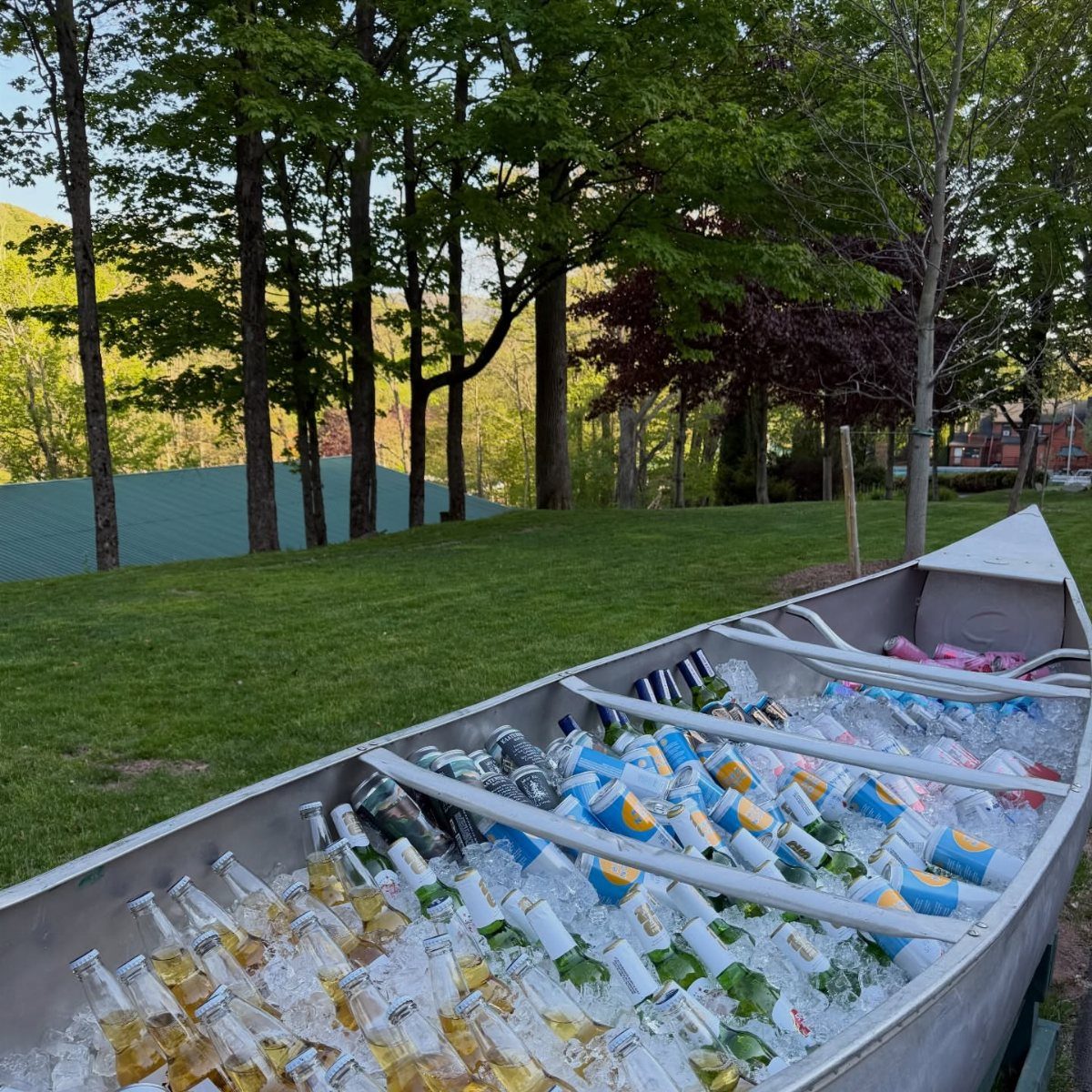 A silver canoe filled with ice and assorted bottled and canned drinks on a green lawn.