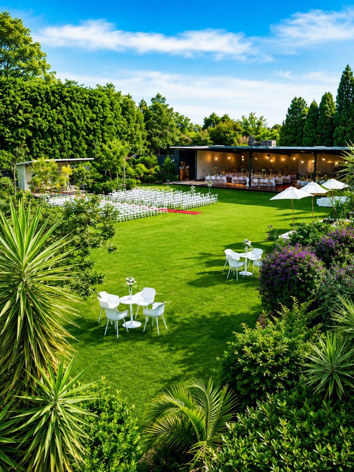 An aerial view of a manicured green lawn prepared for an outdoor wedding ceremony with white chairs and tables.