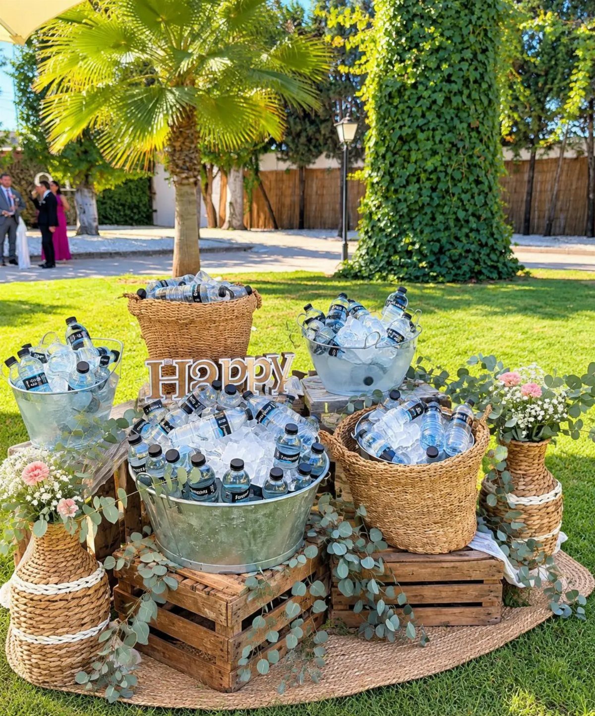 Water bottles in ice-filled buckets and baskets arranged on wooden crates outdoors.