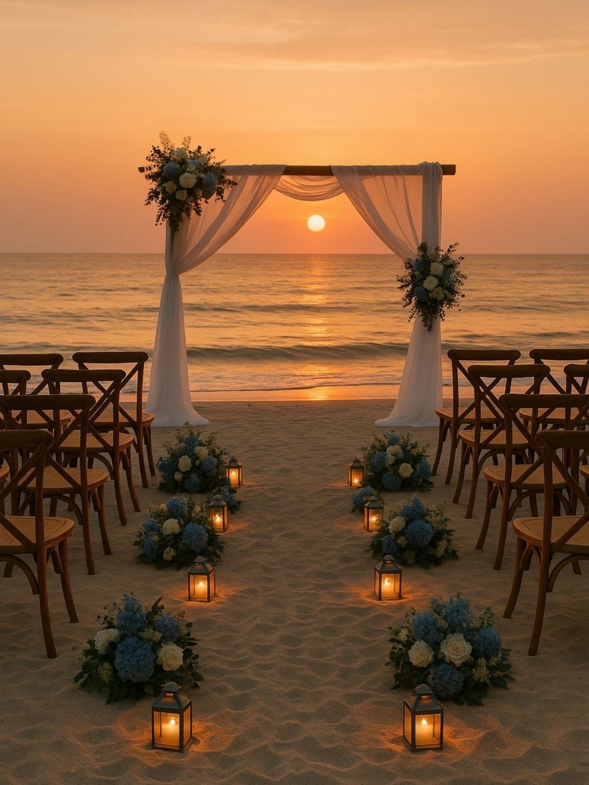 Wedding ceremony setup on a beach featuring a white draped arch and lanterns at sunset.