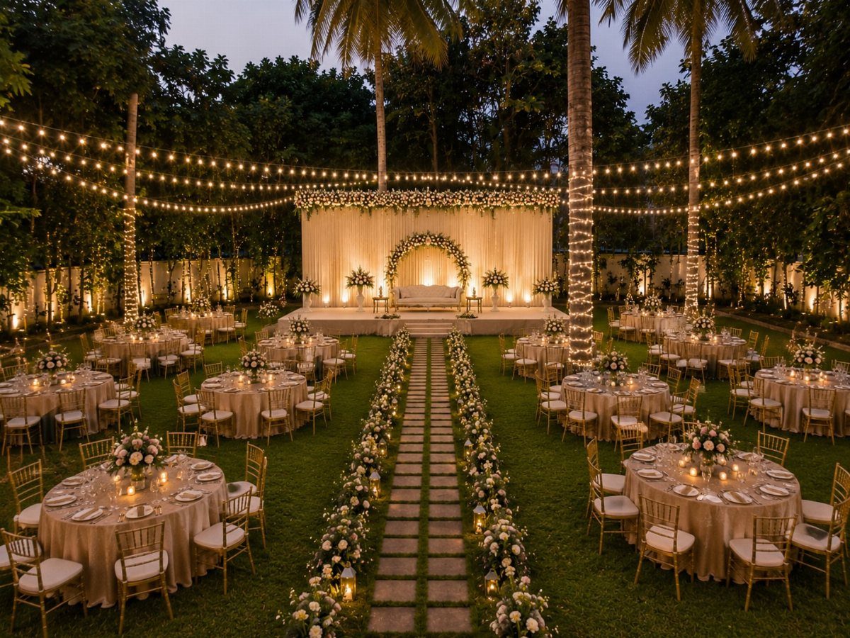 An outdoor wedding reception with round tables, floral arrangements, and string lights on a green lawn.