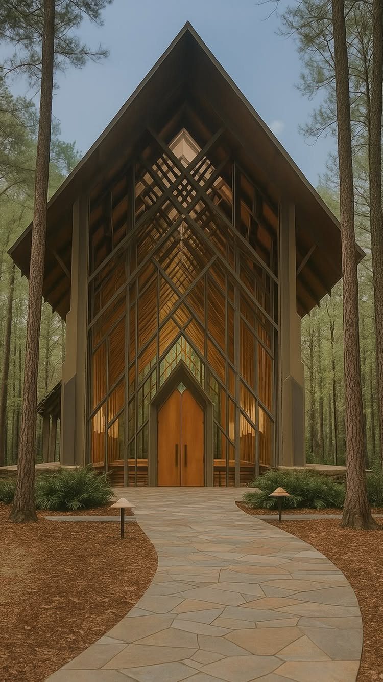 A modern wooden chapel with large glass windows sits at the end of a stone walkway in a pine forest.