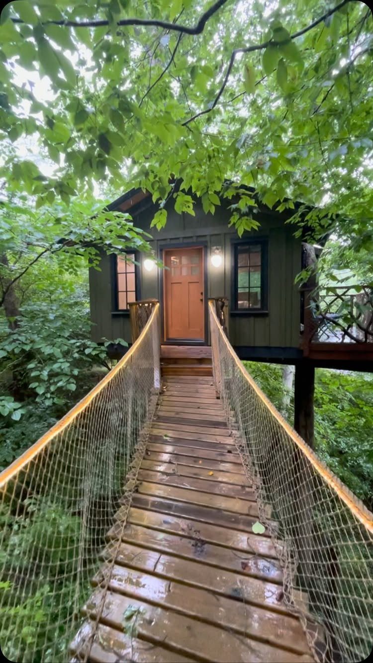 A green wooden cabin in the forest accessed by a long wooden suspension bridge.