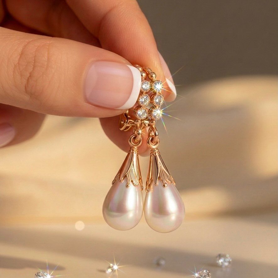 6 Pearl Drop Earrings Bridal Looks for Your Wedding Day 2 A hand holding gold-tone teardrop earrings with crystals and large pearl drops against a warm background.