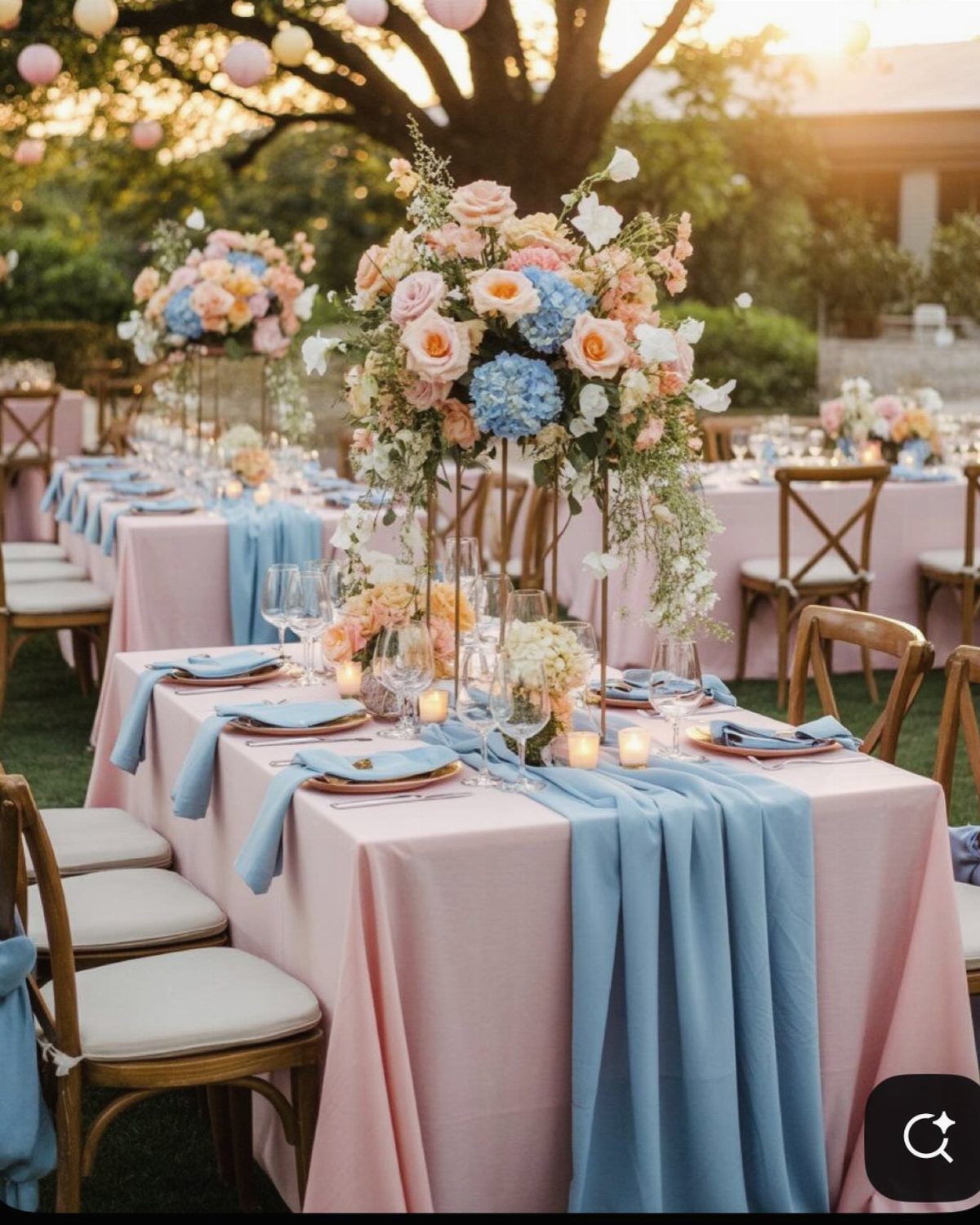 8 Pink Wedding Color Ideas for Every Venue and Season 6 Wedding tables set with pink linens, blue runners, and large pastel floral centerpieces outdoors.